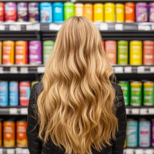 woman with long blond hair facing away towards grocery shelves of colorful canned drinks