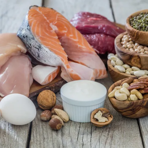 an assortment of plant-based and animal-based protein foods