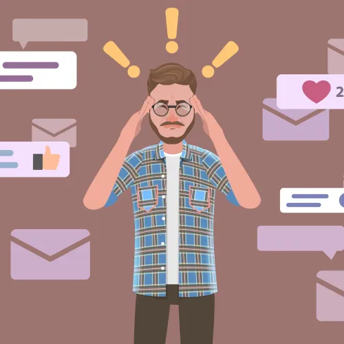 A confused man surrounded by social media posts, icons, information