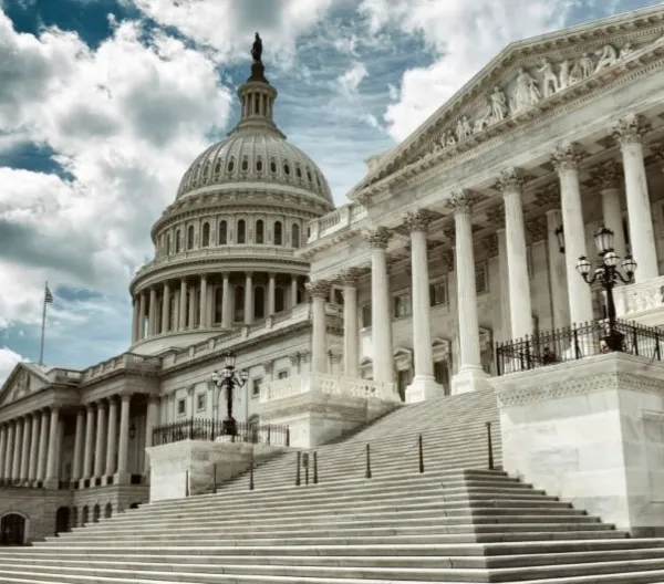 Stark cloudy weather over empty exterior view of the US Capitol Building in Washington DC, USA