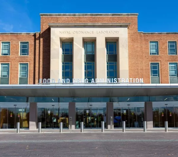 Silver Spring, MD, USA 11/10/2020: Exterior view of the headquarters of US Food and Drug Administration (FDA). This federal agency approves medications, vaccines and food additives for human use.