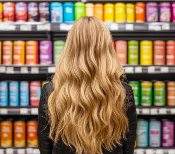 woman with long blond hair facing away towards grocery shelves of colorful canned drinks