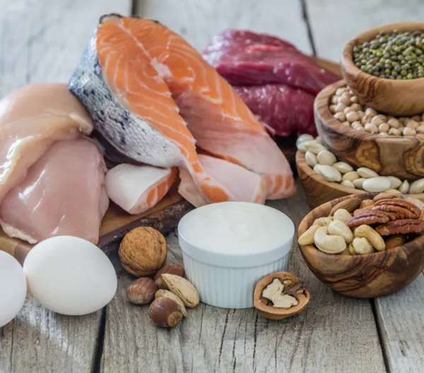 an assortment of plant-based and animal-based protein foods