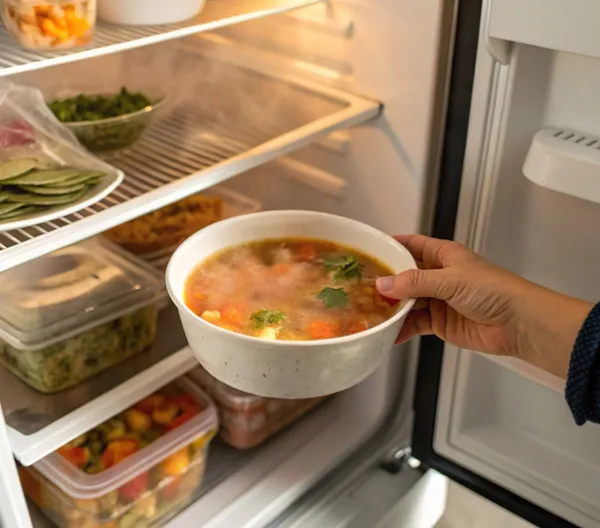 person putting uncovered bowl of stew into a fridge