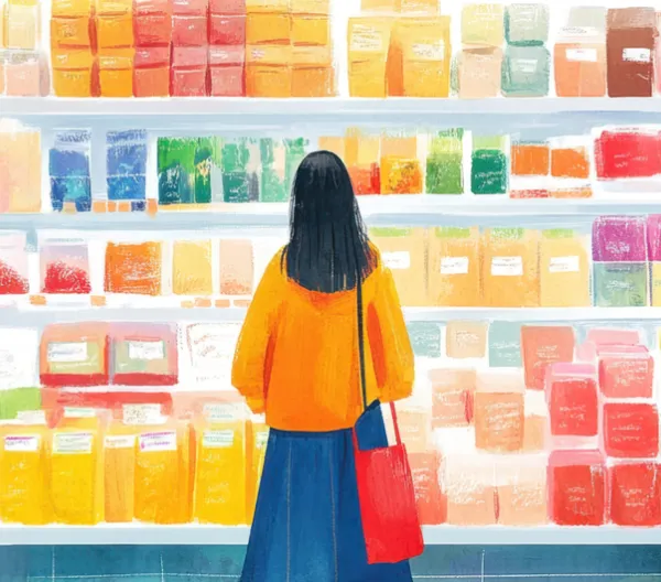 colorful painting of woman looking at grocery store shelves