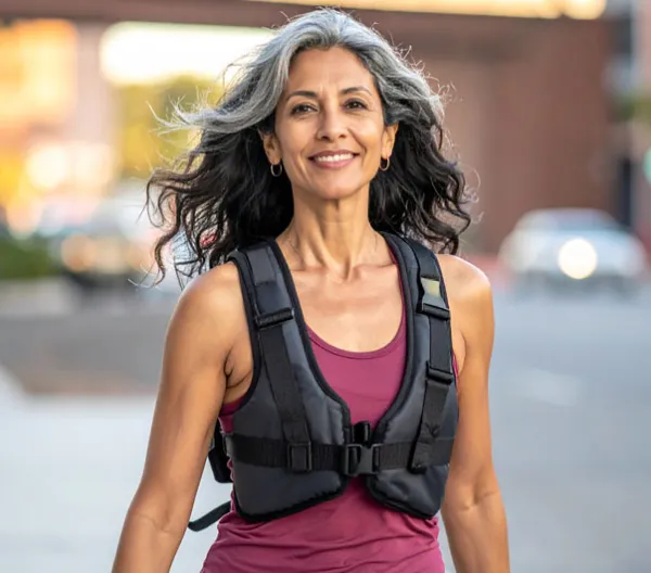 a middle aged woman walking wearing a weighted vest