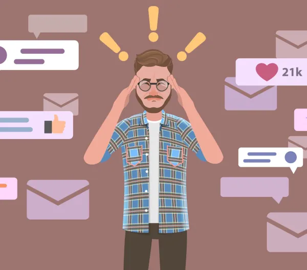 A confused man surrounded by social media posts, icons, information