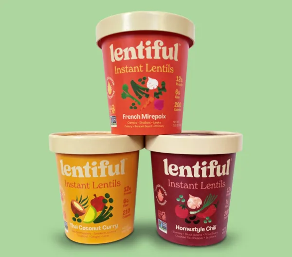 3 lentiful cups in the flavors of French Mirepoix, Thai Coconut Curry, and Homestyle Chili