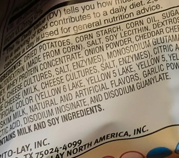 Ingredients list on a reduced fat Frito-Lay product
