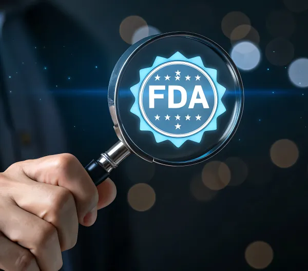 A man holding a magnifying glass with the FDA logo reflected in the glass