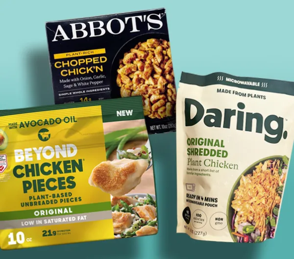 collage of plant based chicken products