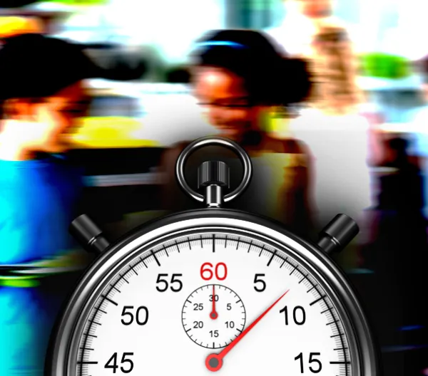 Children holding school lunch trays with a stopwatch in front of them