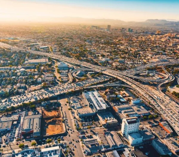 Aerial view of a freeway intersection in Los Angeles