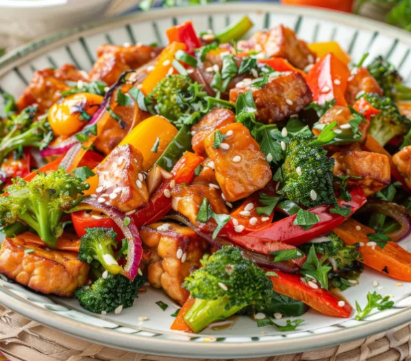 plate of tempeh with lots of veggies and sauce