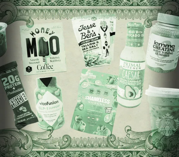 photo of different "health" foods with money-like border