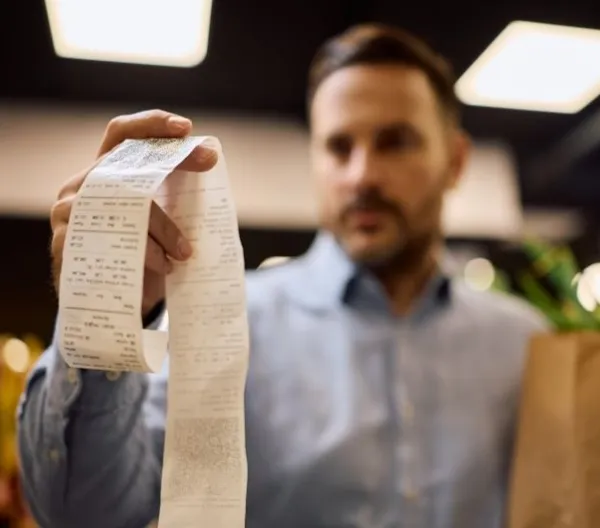 A man holds a grocery store receipt