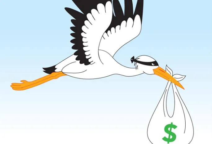 stork carrying a bag of money