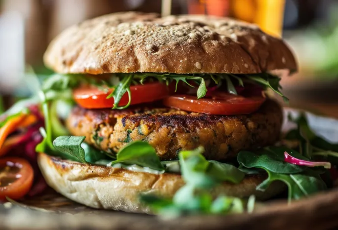 vegie burger on a plate with sesame bun and lettuce and tomato
