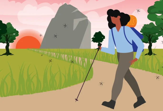 cartoon image of woman hiking on a trail with a rock and grass near by