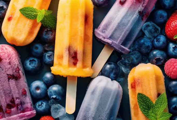 yellow, blue and purple fruit popsicles laying on blueberries