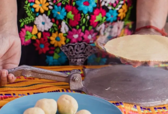 Tortilla press, testales (maize dough) and resulting tortillas. Process of making corn tortillas