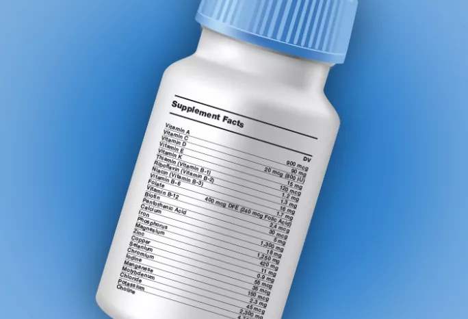 pill bottle with DVs and RDAs listed for vitamins