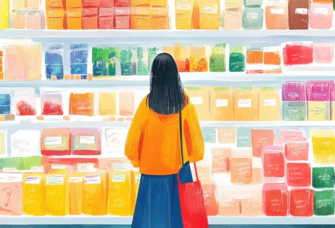 colorful painting of woman looking at grocery store shelves