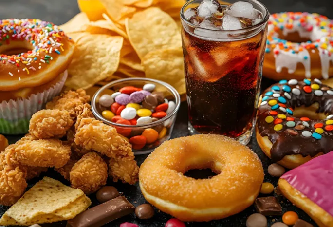 lots of different high calorie, ultra processed foods on a table