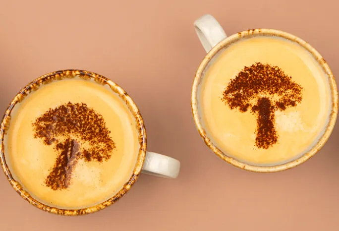 flat lay of mugs with mushroom shaped art