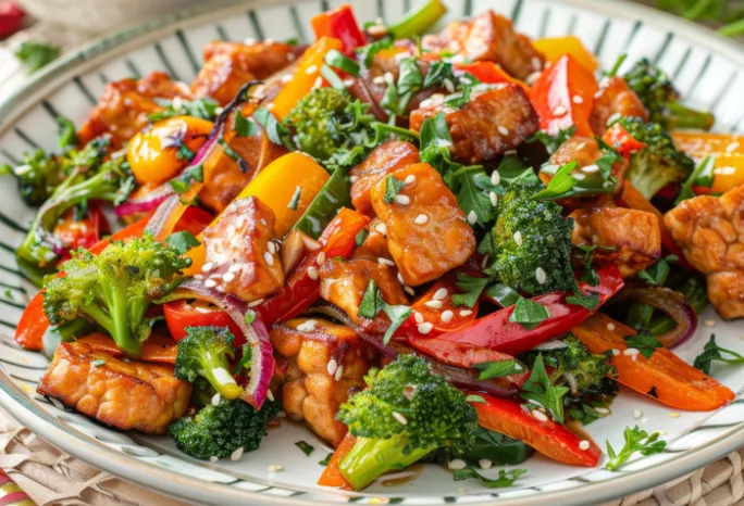 plate of tempeh with lots of veggies and sauce