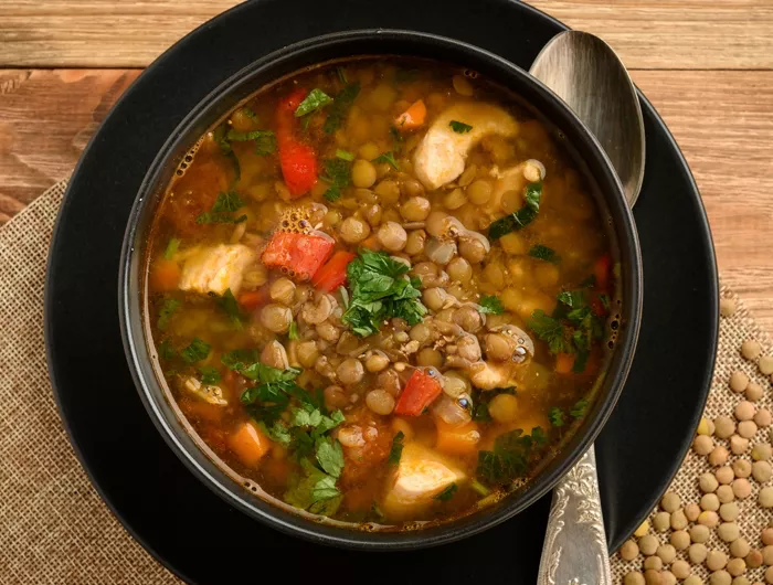 bowl of lentil chicken soup