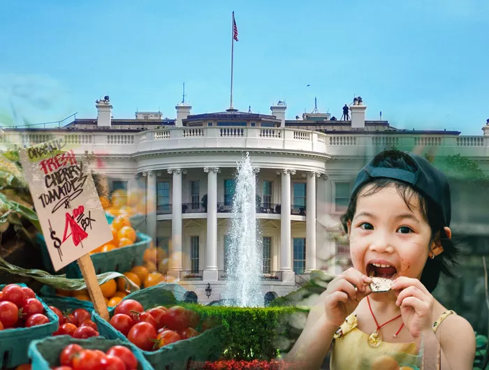 Composite of the White House, a child eating, and a produce stand