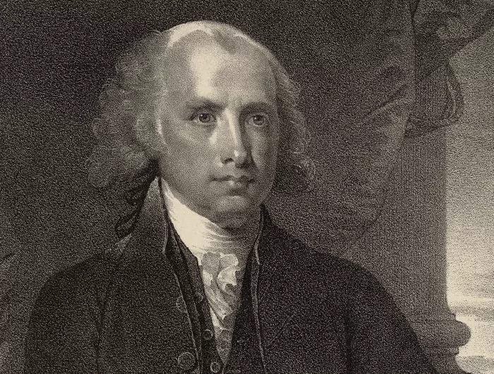 A black and white portrait of James Madison