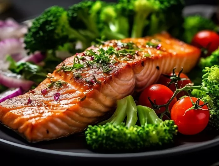 plate of cooked salmon and vegetables