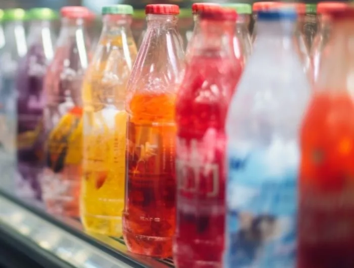 Brightly colored sodas in glass bottles in a refrigerated display