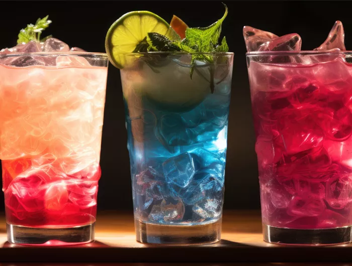 fruit juices in glasses lined up