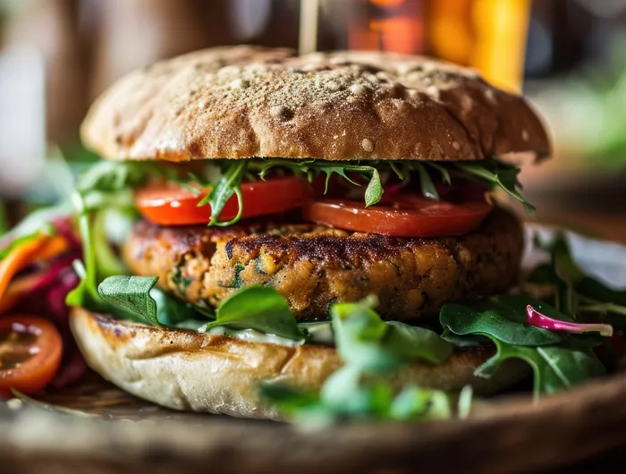 vegie burger on a plate with sesame bun and lettuce and tomato