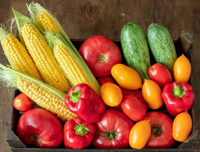 A basket of late summer produce, including corn, squash, tomatoes and peppers