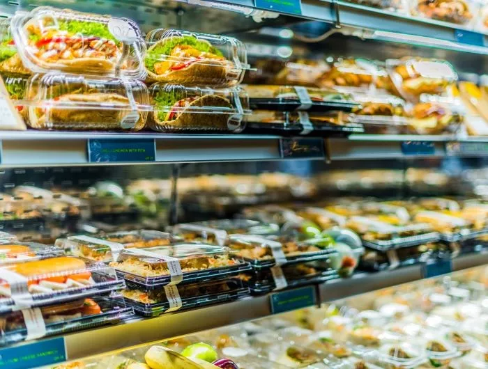 Pre-packaged foods displayed in a commercial refrigerator