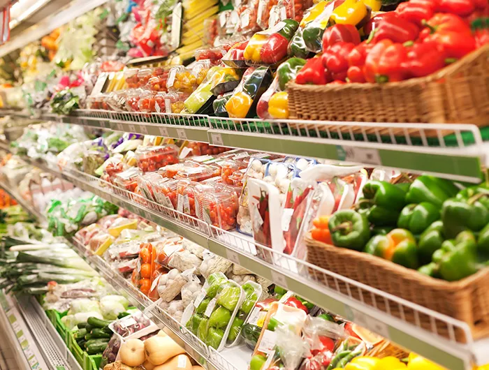 Shelves in the supermarket with produce