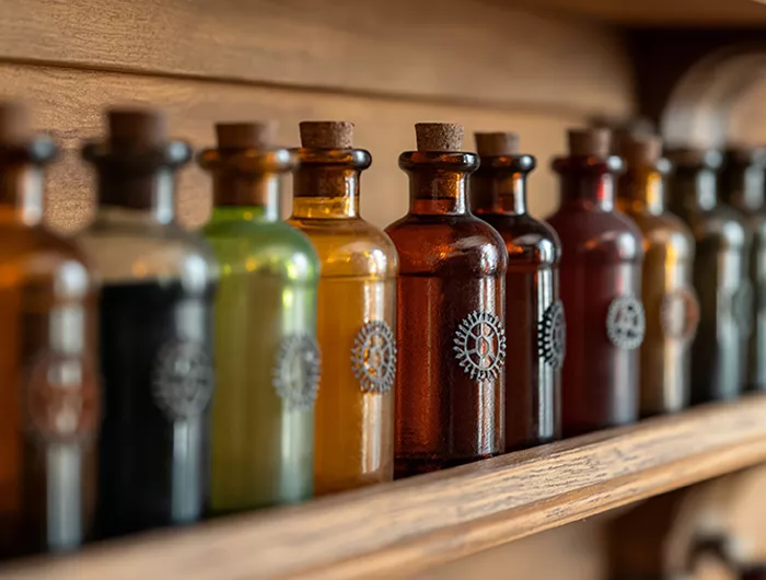 line up of old medicine bottles