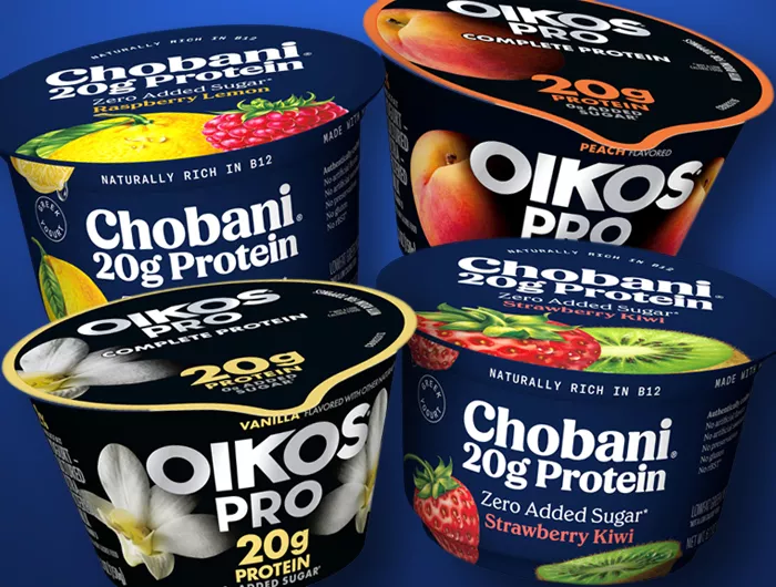 collage of oikos pro and chobani protein yogurt cups