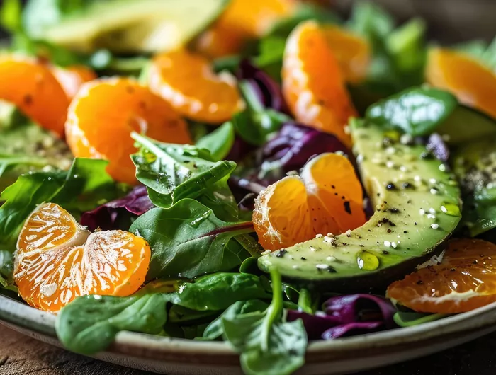 fruit salad with oranges and spinach and avocado slices