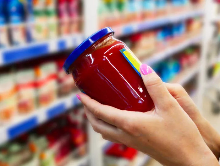hands holding a jar of food reading the label in a grocery store