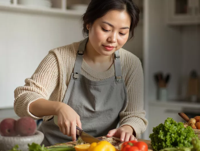 Woman chopping vegetables in the kitchen
