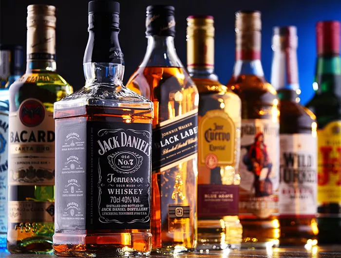 bottles of alcohol on a bar