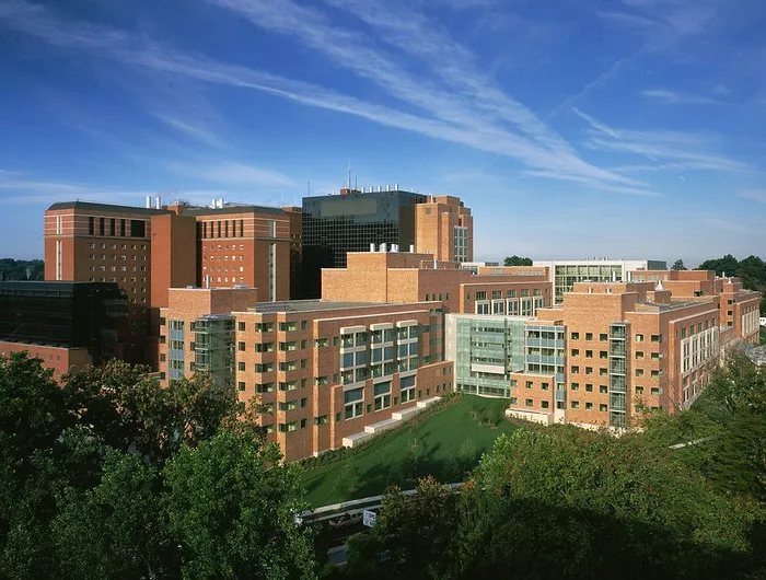 Aerial view of the Mark O Hatfield Clinical Research Center on NIH Campus