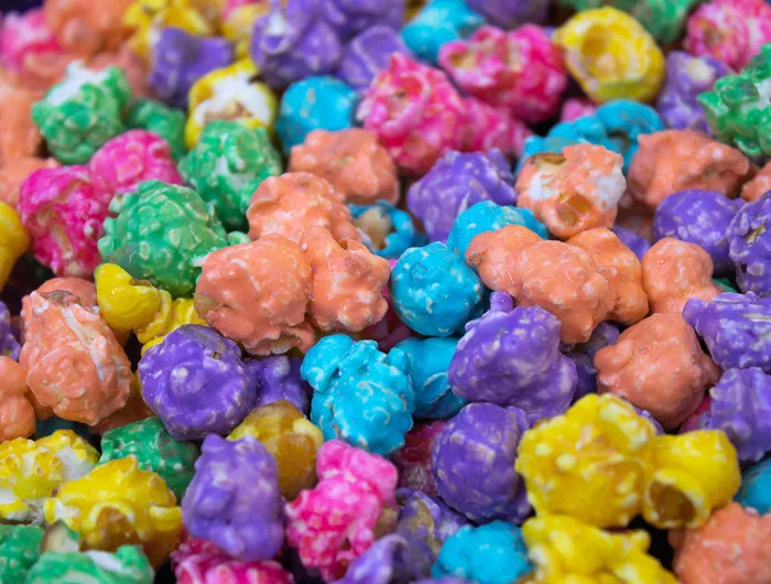 multicolored popcorn colored with synthetic food dyes