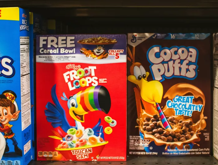 A supermarket shelf displaying boxes of brightly colored breakfast cereals.