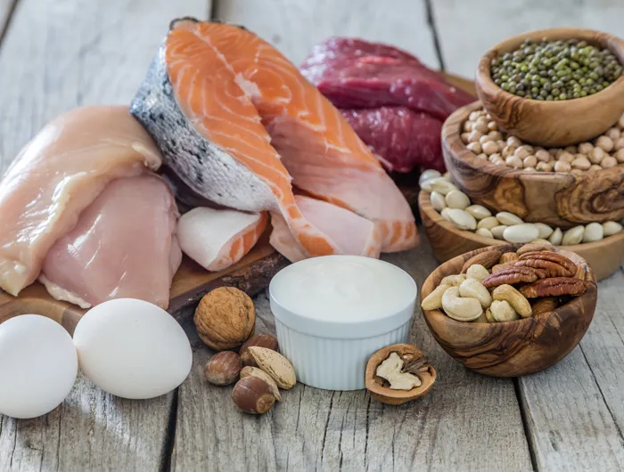 an assortment of plant-based and animal-based protein foods